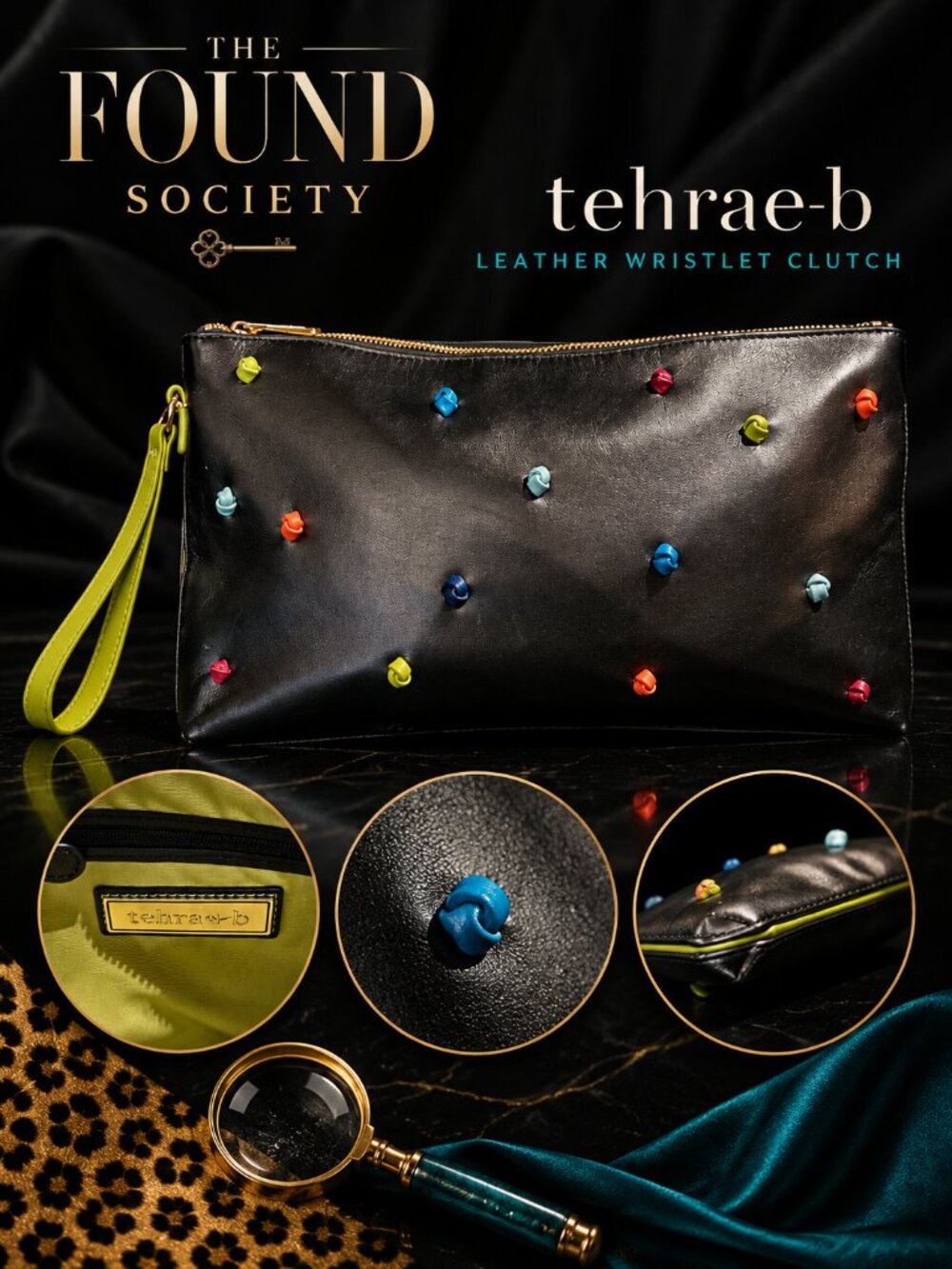 Tehra & B Black Leather Multicolor Knot Wristlet Clutch